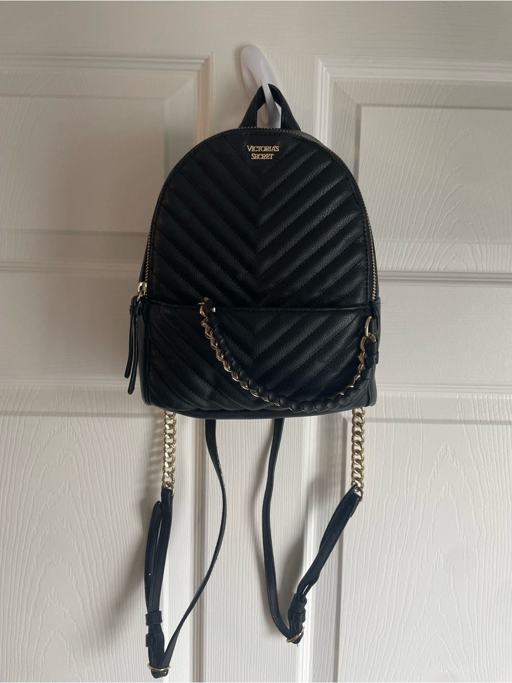 Victoria's Secret Black Quilted Mini Backpack with Gold Chain Detail